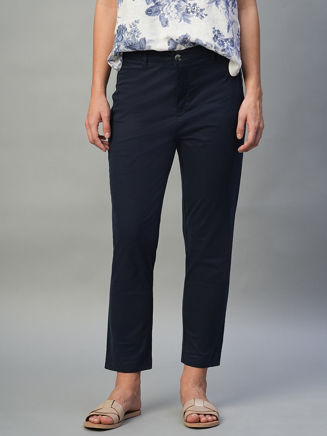 Women's Navy Cotton Lycra Regular Fit Pant