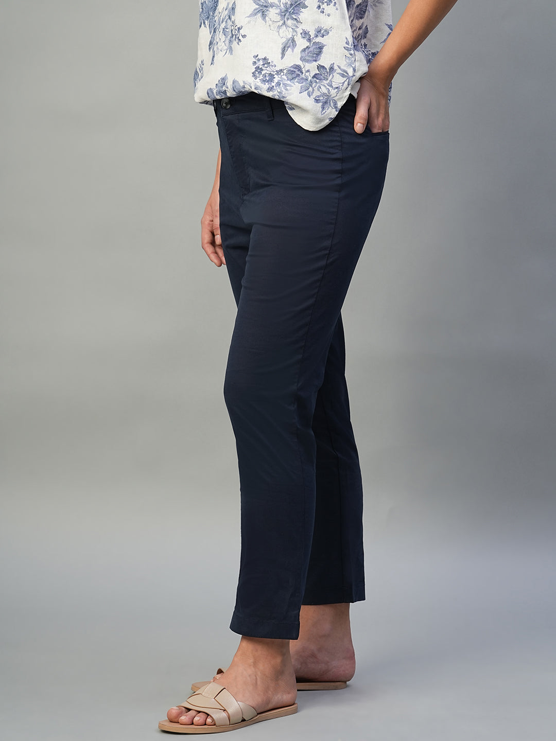 Women's Navy Cotton Lycra Regular Fit Pant
