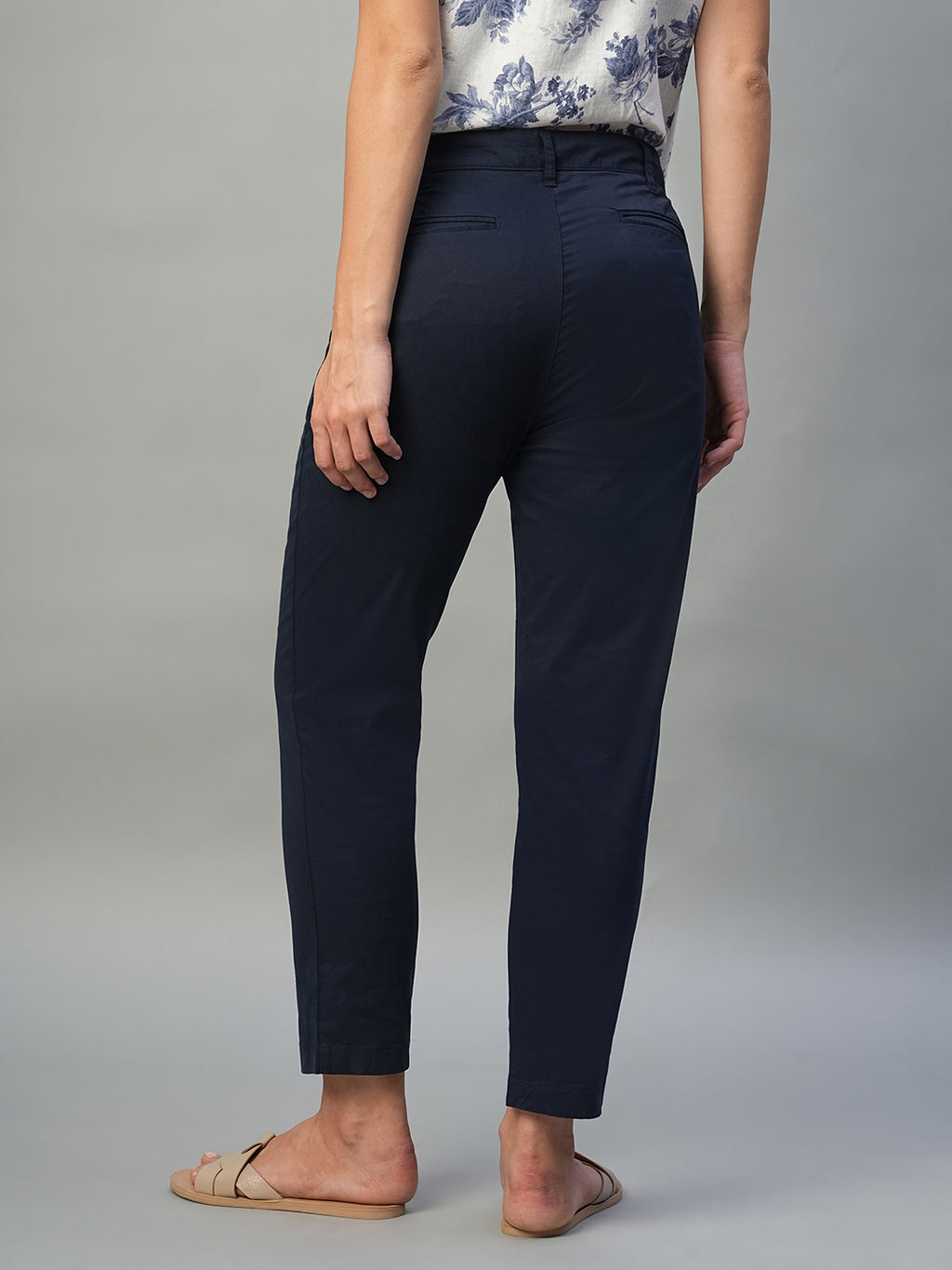 Women's Navy Cotton Lycra Regular Fit Pant
