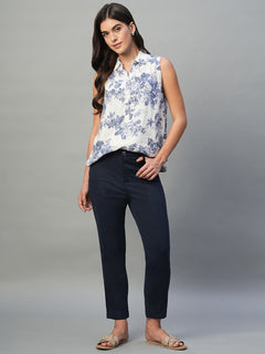 Women’s Cotton Lycra Regular Fit Tapered Pant Navy