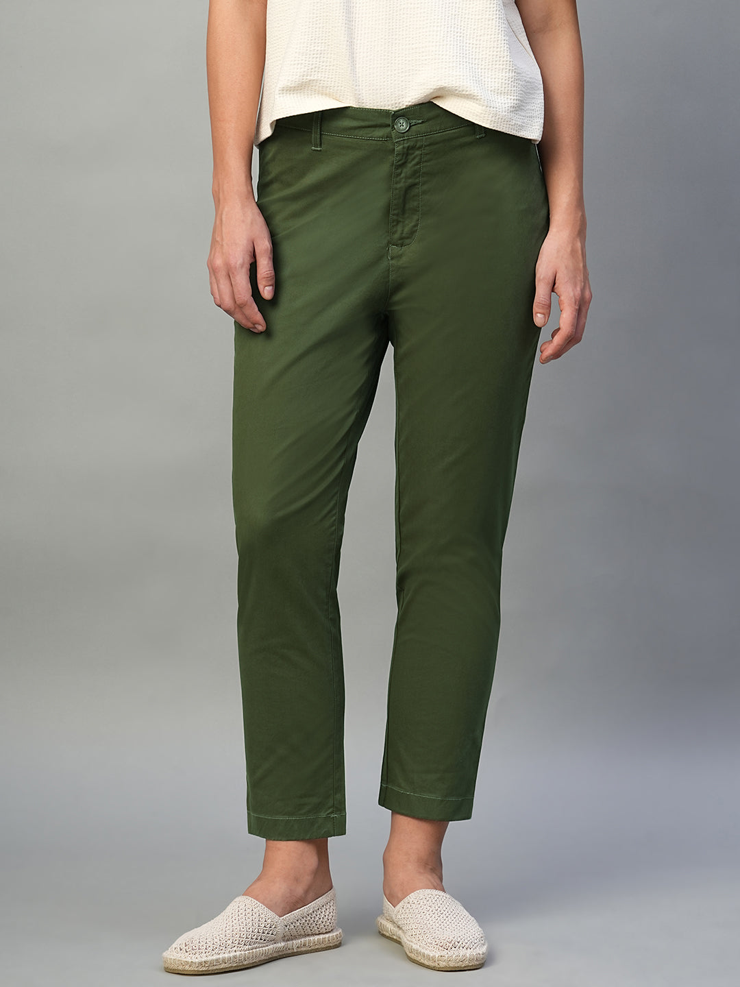 Women's Olive Cotton Lycra Regular Fit Pant