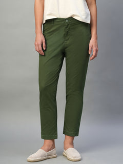 Women’s Cotton Lycra Regular Fit Button Zip Pant Olive