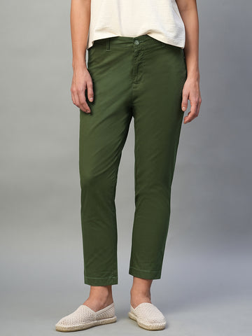 Women’s Cotton Lycra Regular Fit Button Zip Pant Olive