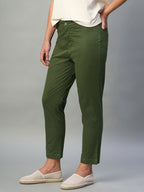 Women's Olive Cotton Lycra Regular Fit Pant