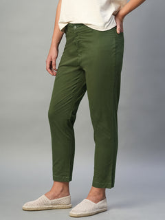 Women’s Cotton Lycra Regular Fit Button Zip Pant Olive