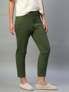 Women’s Cotton Lycra Regular Fit Button Zip Pant Olive
