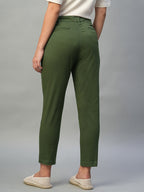 Women's Olive Cotton Lycra Regular Fit Pant
