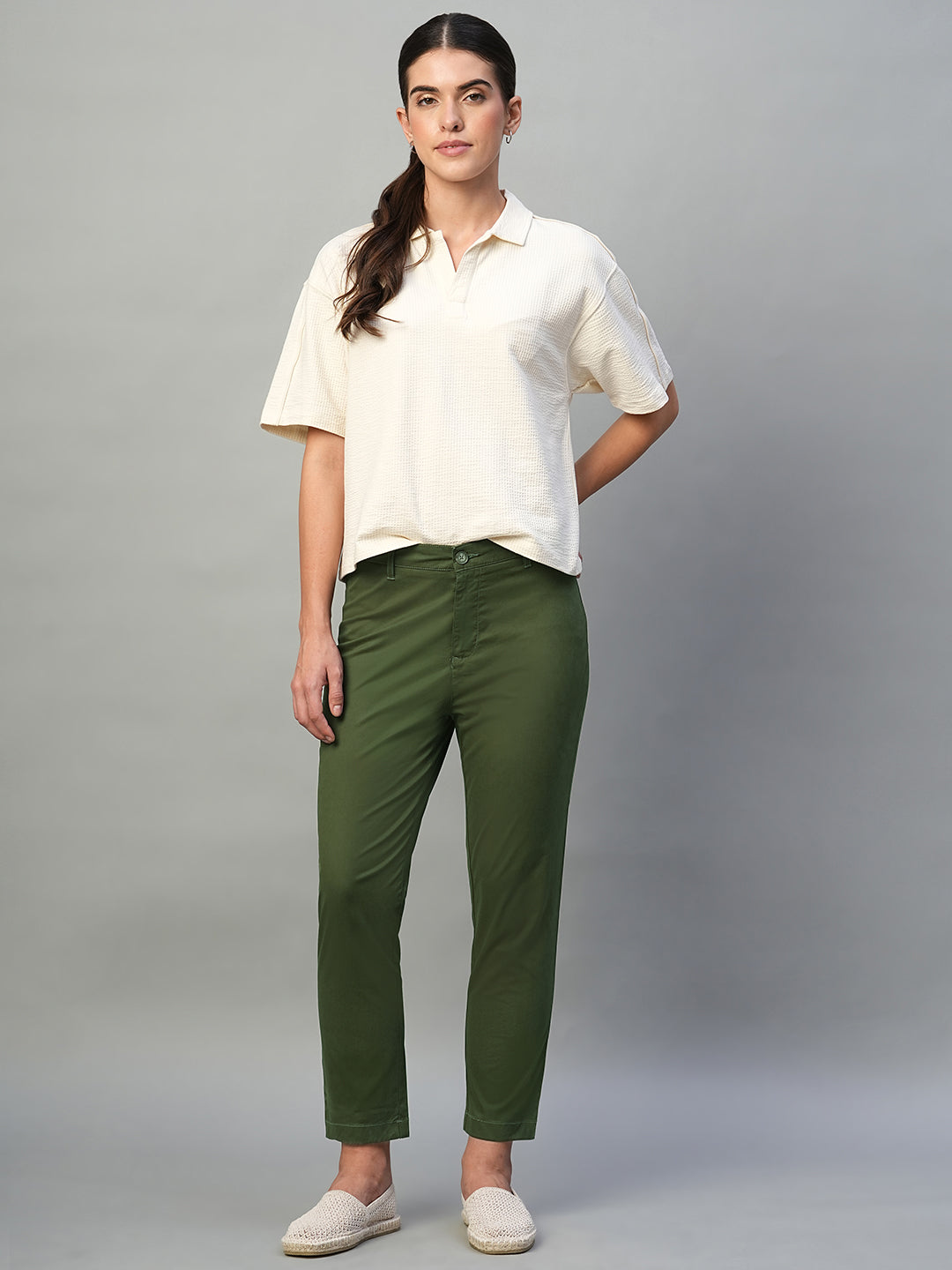 Women's Olive Cotton Lycra Regular Fit Pant