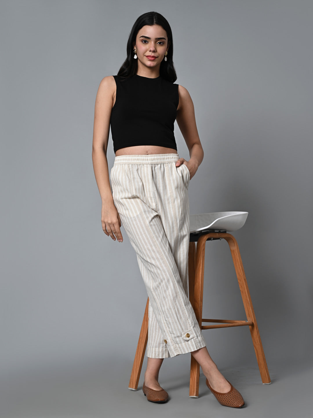 Women's Khaki Cotton Linen Regular Fit Pant