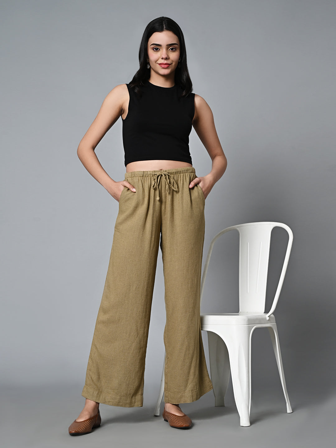 Women's Khaki Linen Viscose Regular Fit Pant