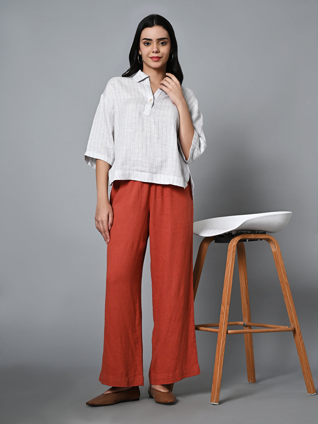 Women's Rust Linen Viscose Regular Fit Pant