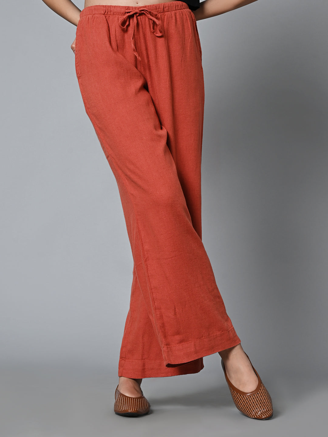 Women's Rust Linen Viscose Regular Fit Pant