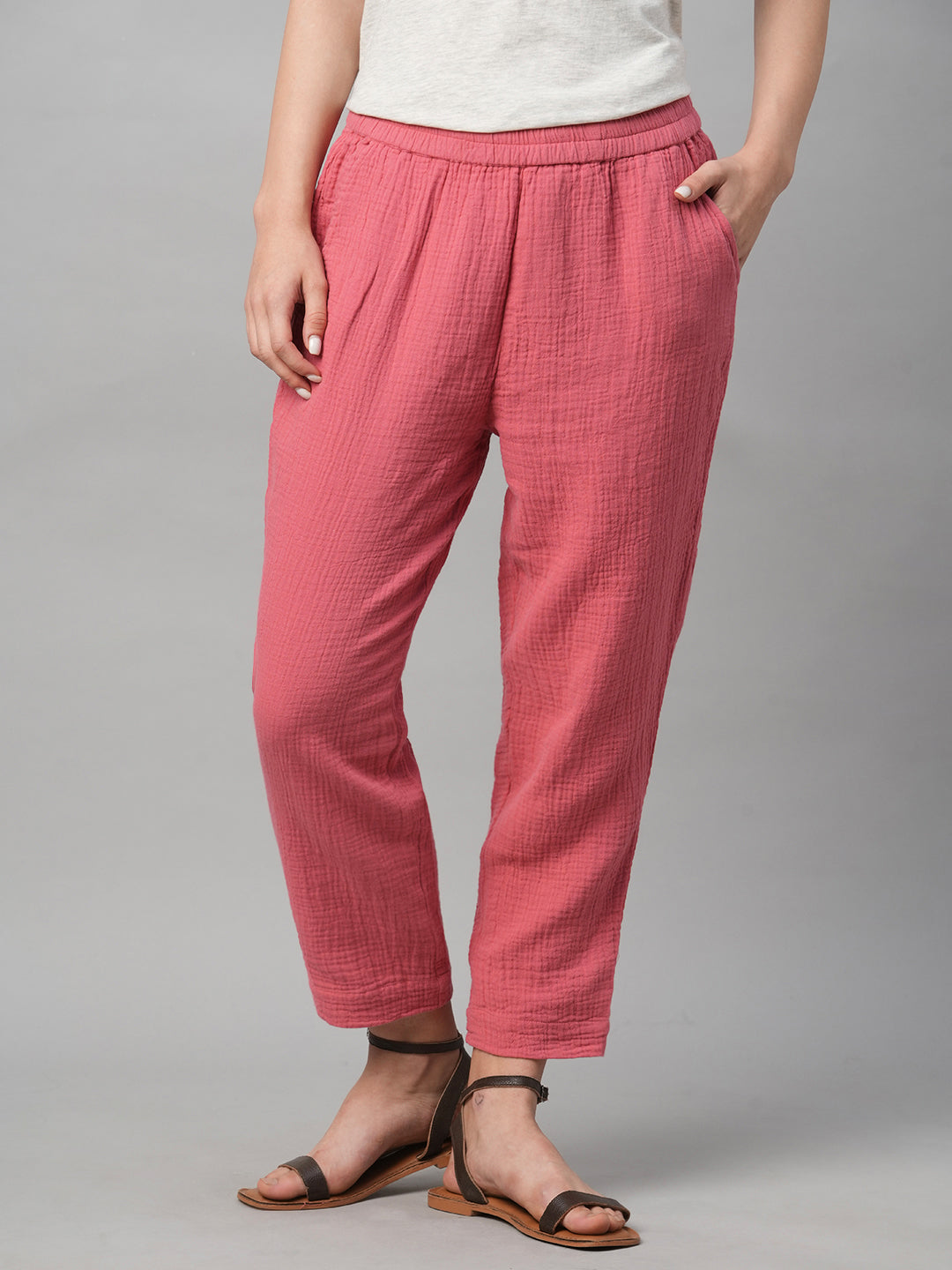 Women's Pink Cotton Regular Fit Pant