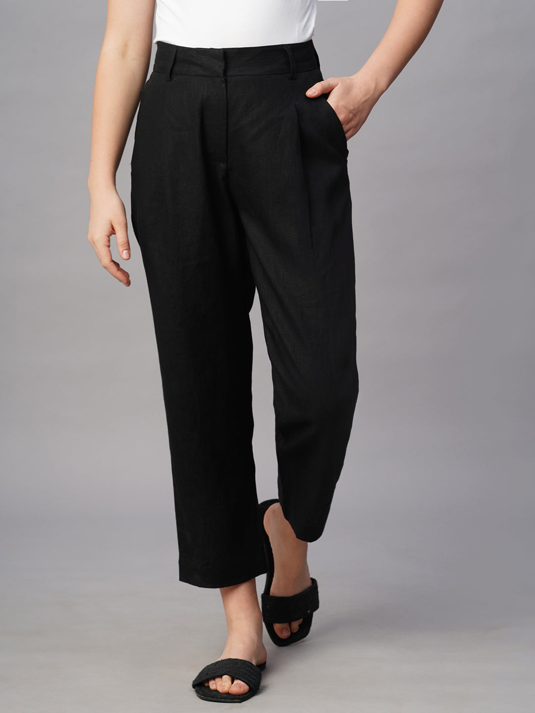 Women's Black Linen Regular Fit Pant