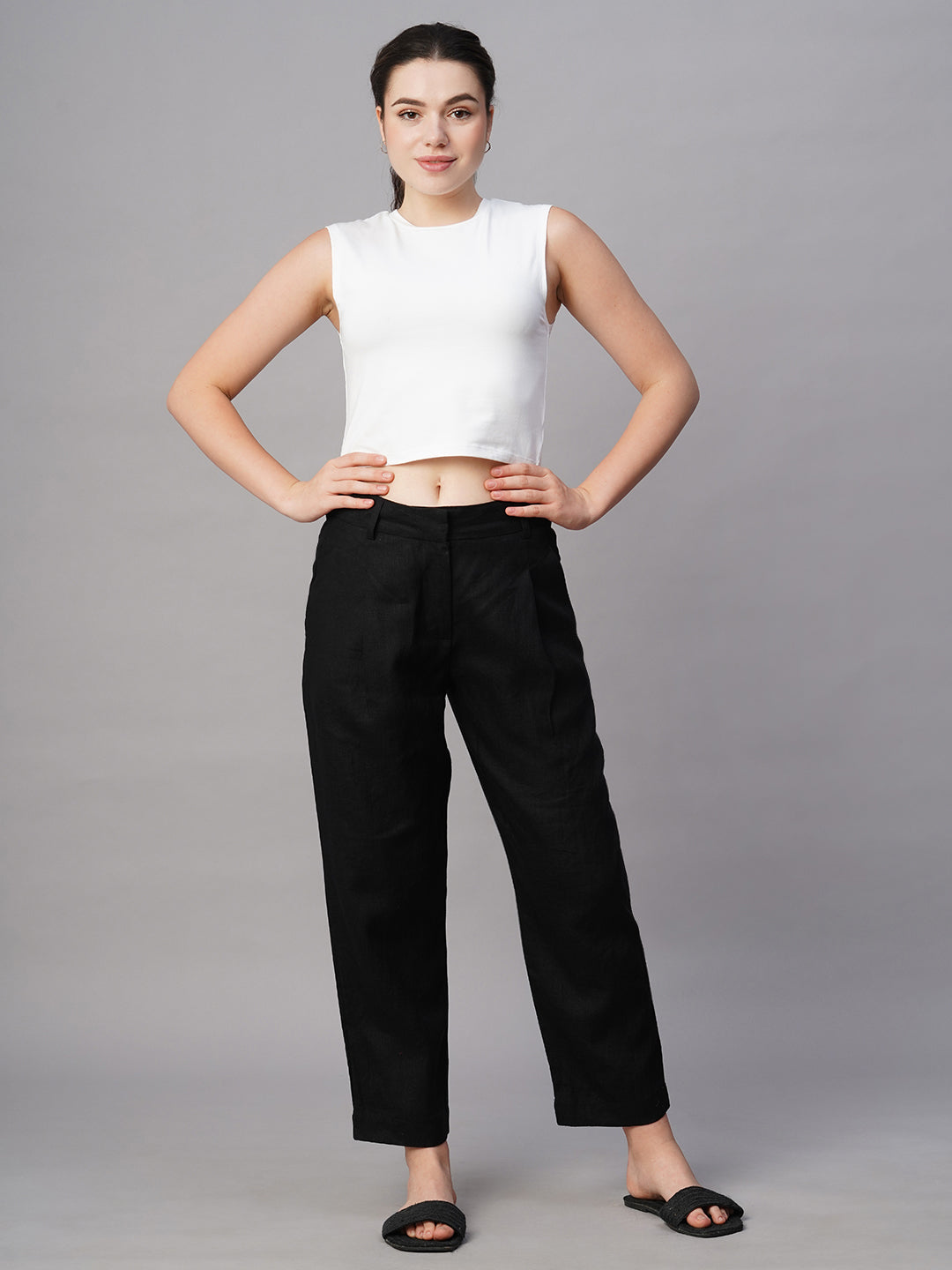 Women's Black Linen Regular Fit Pant