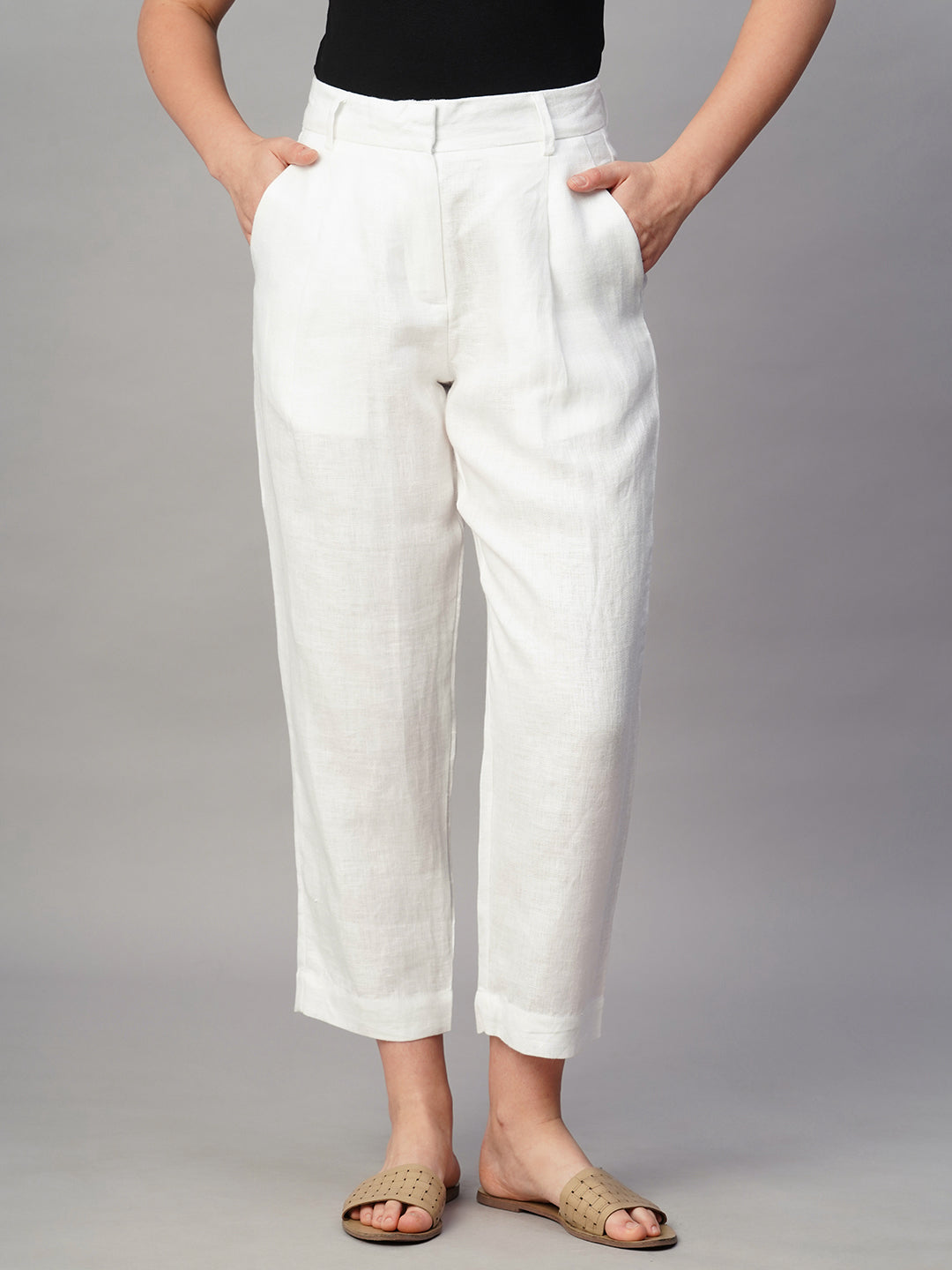 Women's White Linen Regular Fit Pant