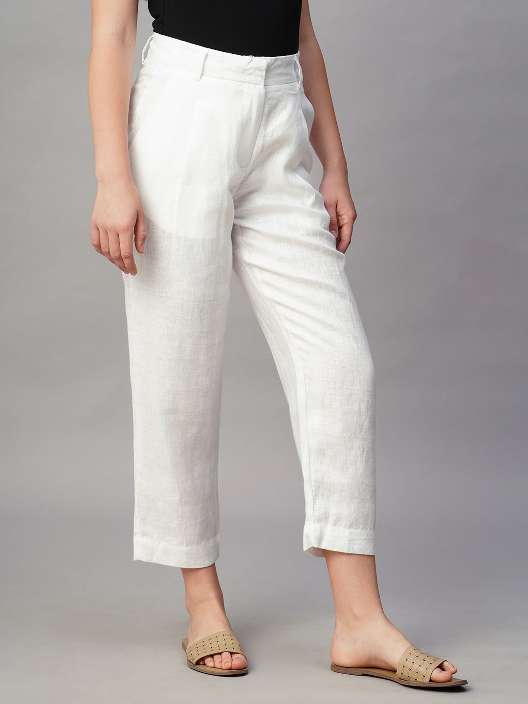 Women's White Linen Regular Fit Pant