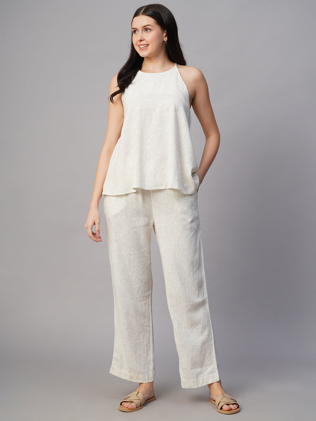 Women's Offwhite Linen Viscose Regular Fit Pant