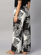 Women's White/Black Cotton Flax Regular Fit Pant
