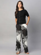 Women's White/Black Cotton Flax Regular Fit Pant