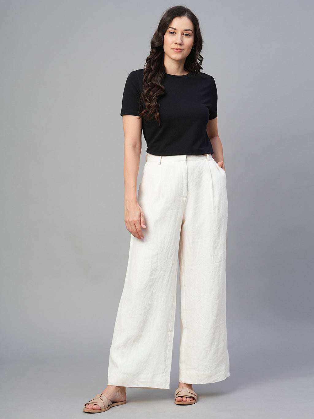 Women's Beige 100% Linen Regular Fit Pant