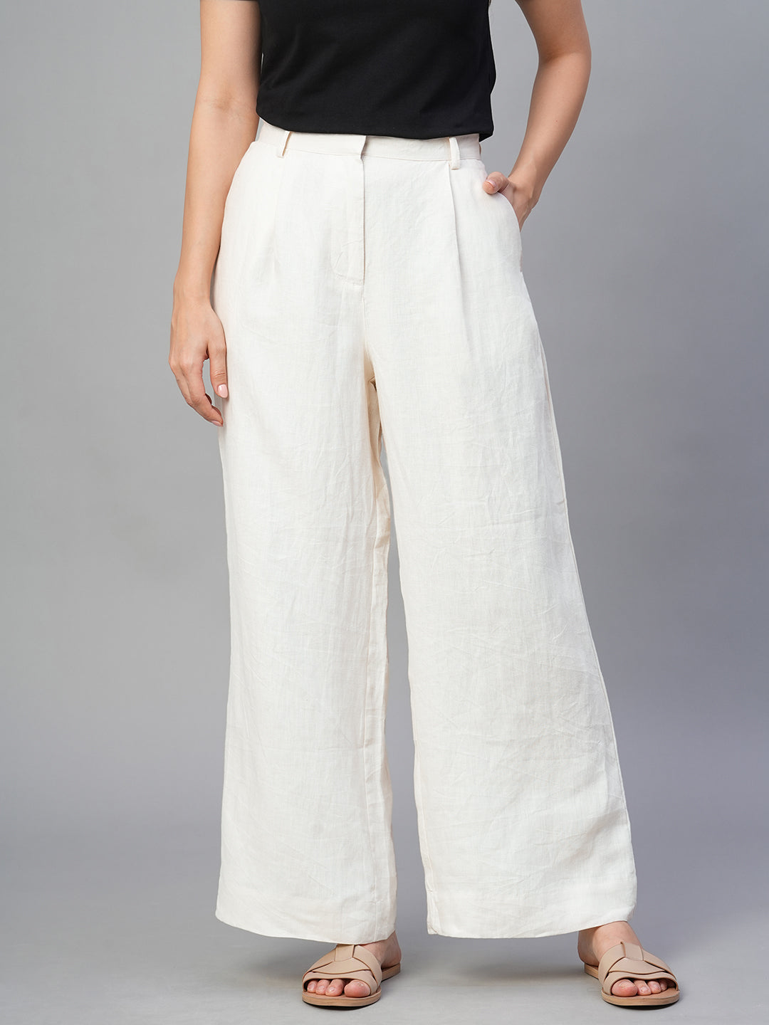 Women's Beige 100% Linen Regular Fit Pant