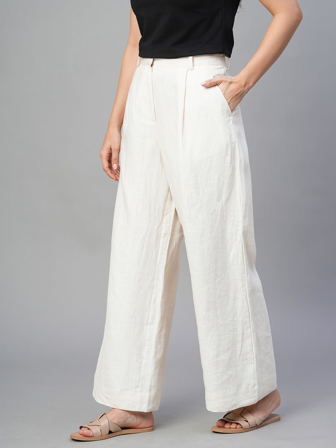 Women's Beige 100% Linen Wide Leg Pant