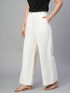 Women's Beige 100% Linen Regular Fit Pant