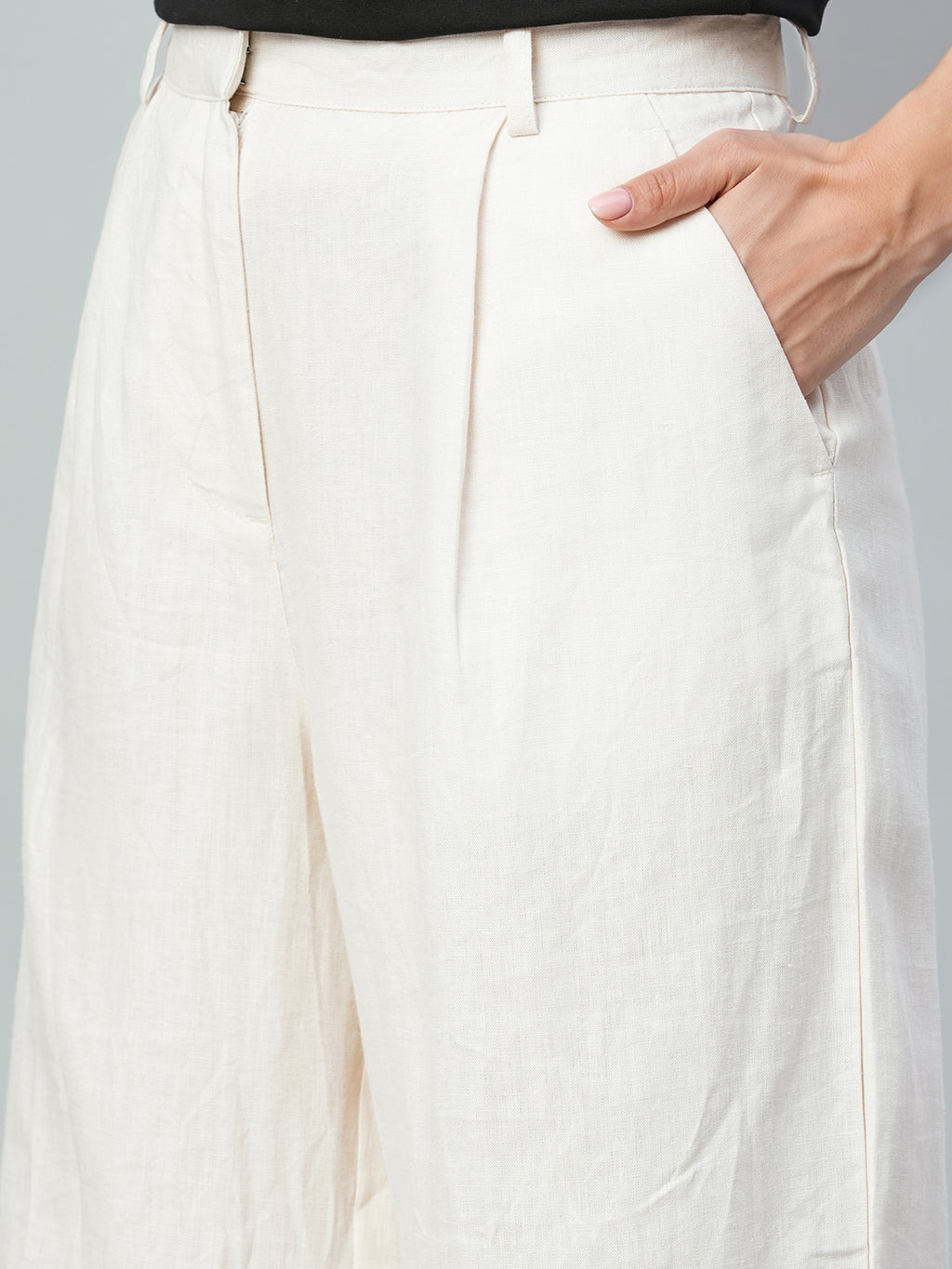 Women's Beige 100% Linen Regular Fit Pant