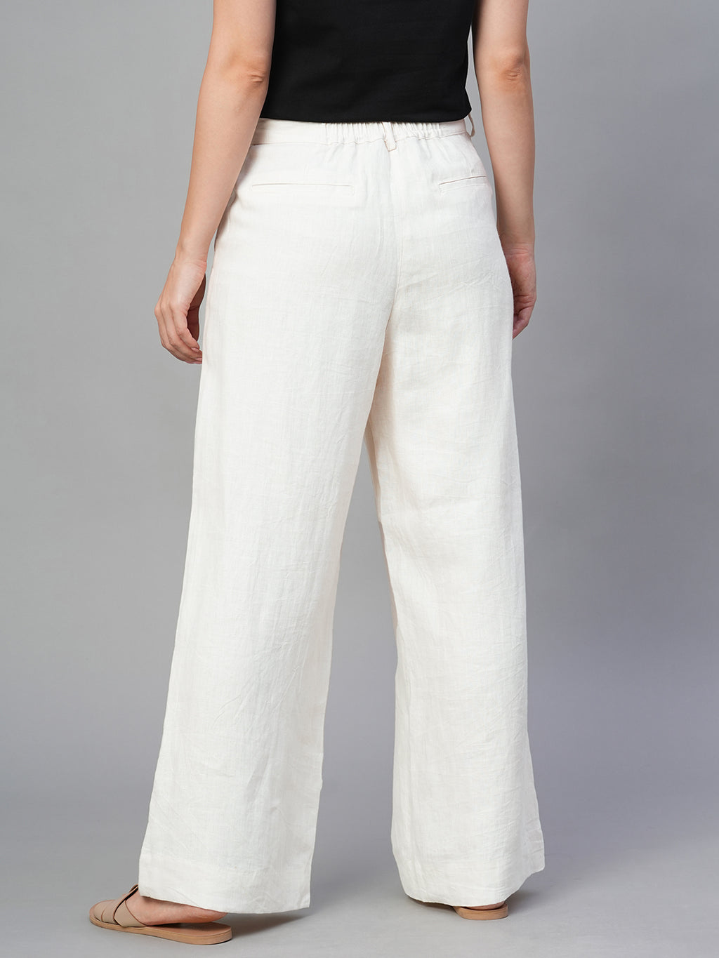 Women's Beige 100% Linen Regular Fit Pant