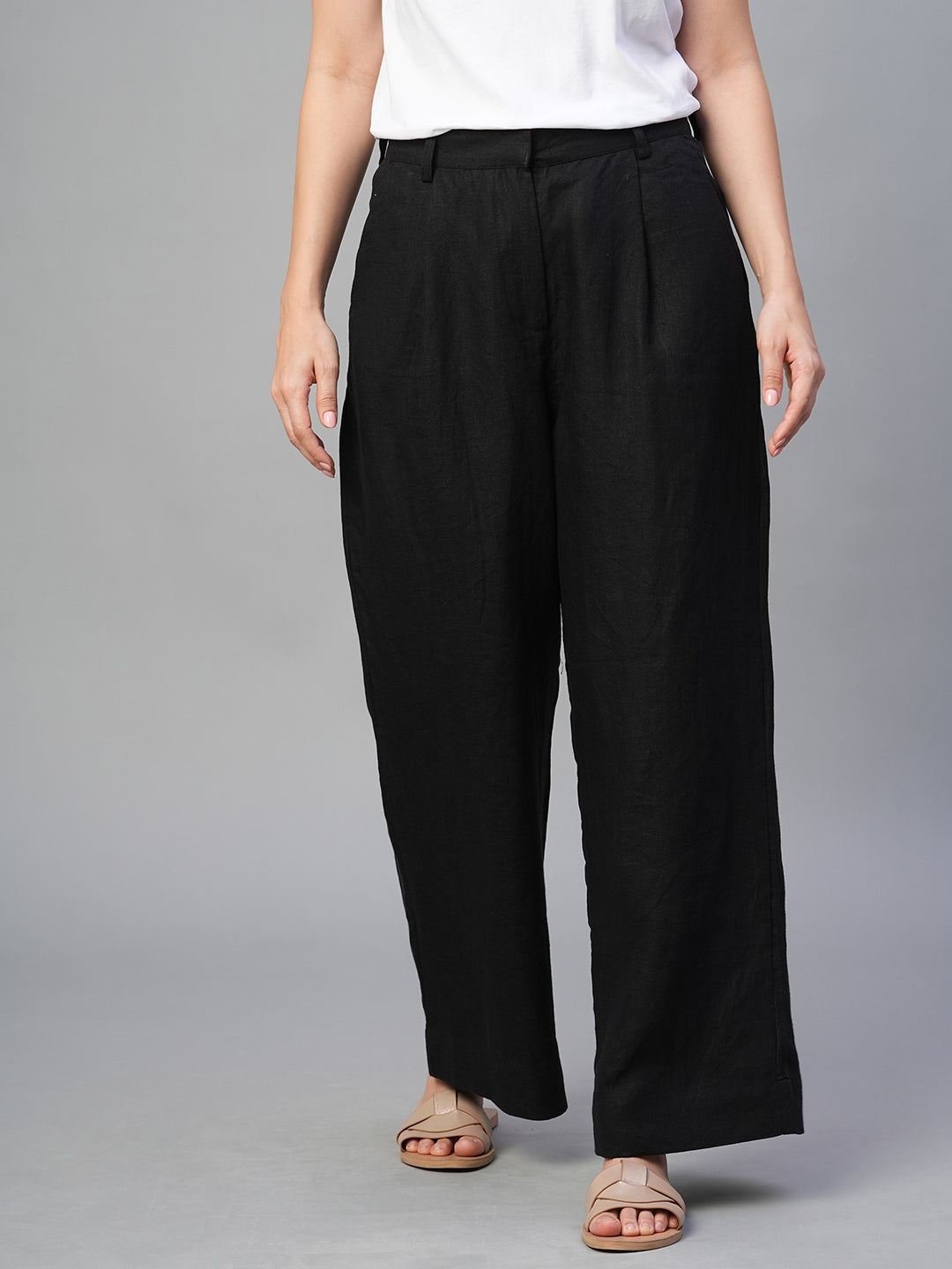 Women's Black 100% Linen Regular Fit Pant