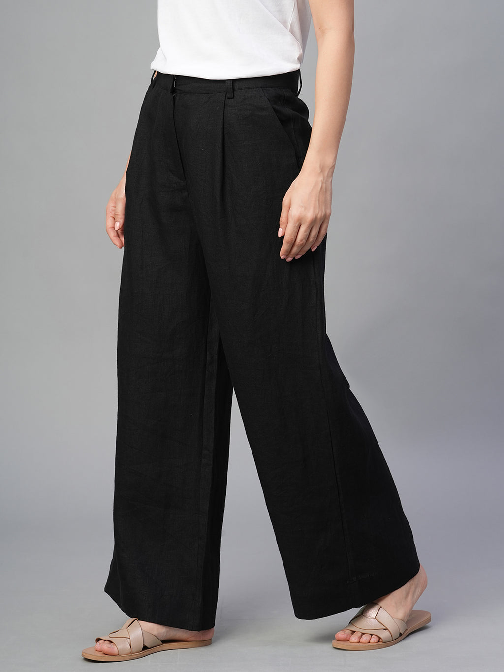 Women's Black 100% Linen Regular Fit Pant