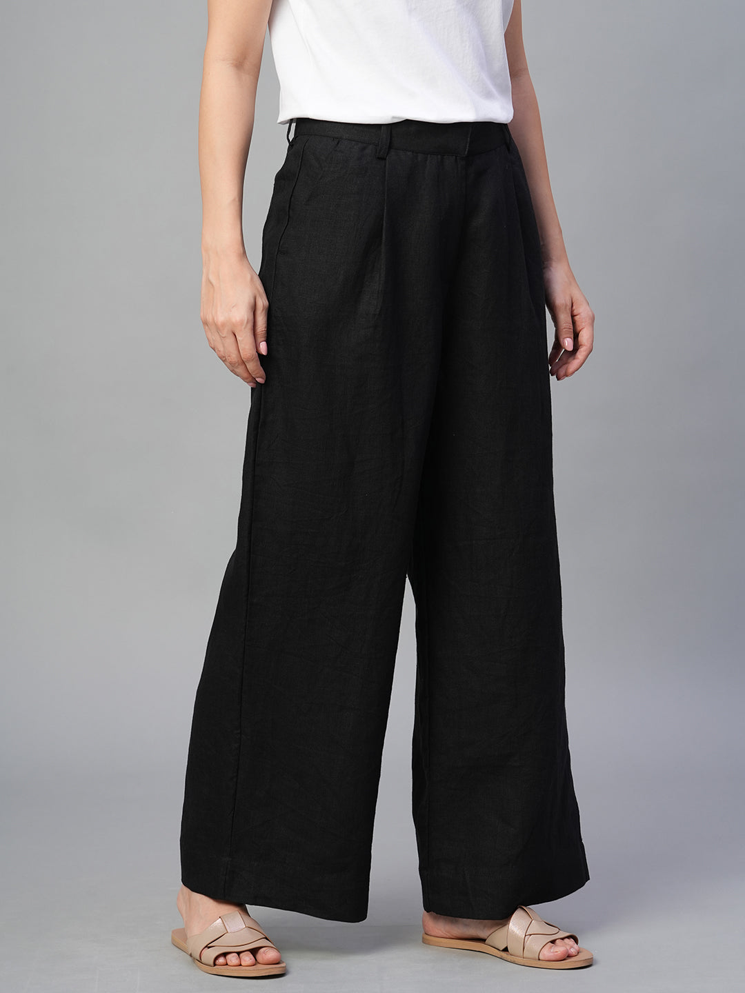 Women's Black 100% Linen Regular Fit Pant