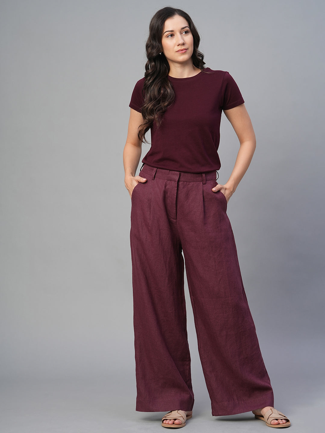 Women's Wine 100% Linen Regular Fit Pant