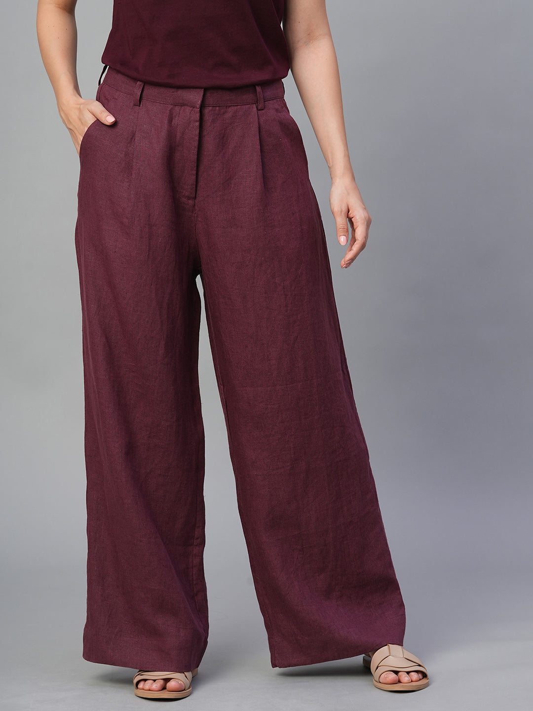 Women's Wine 100% Linen Wide Leg Pant