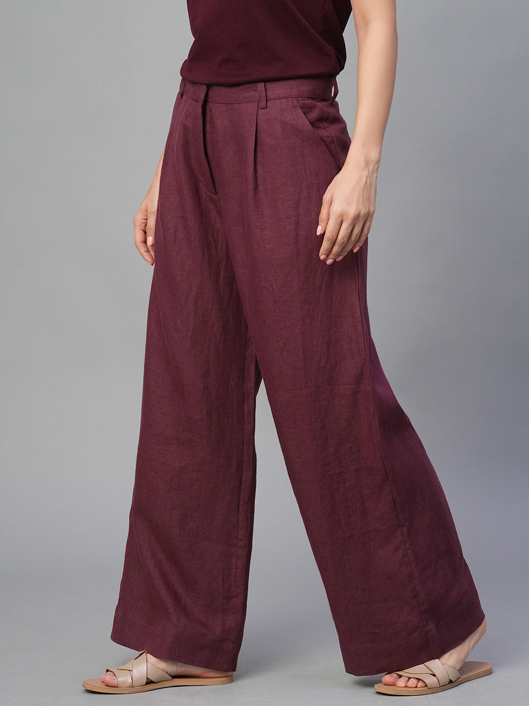 Women's Wine 100% Linen Wide Leg Pant