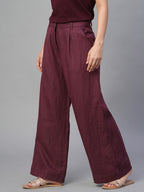 Women's Wine 100% Linen Regular Fit Pant