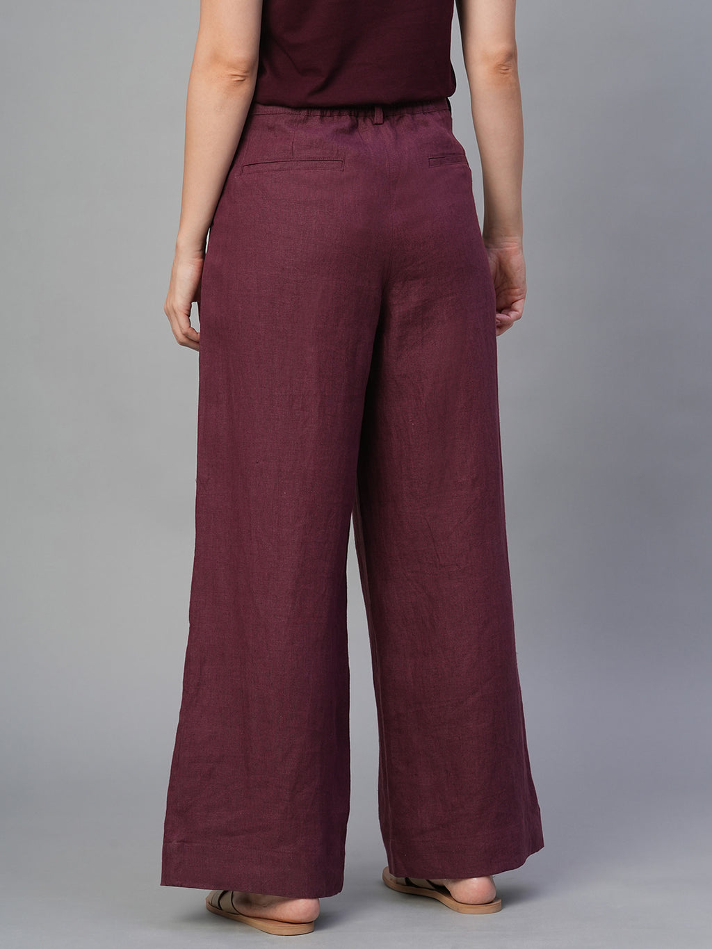 Women's Wine 100% Linen Regular Fit Pant