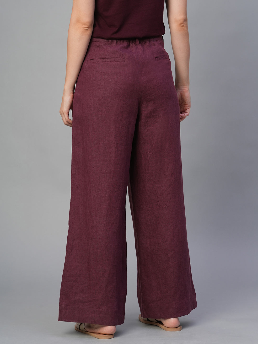 Women's Wine 100% Linen Regular Fit Pant