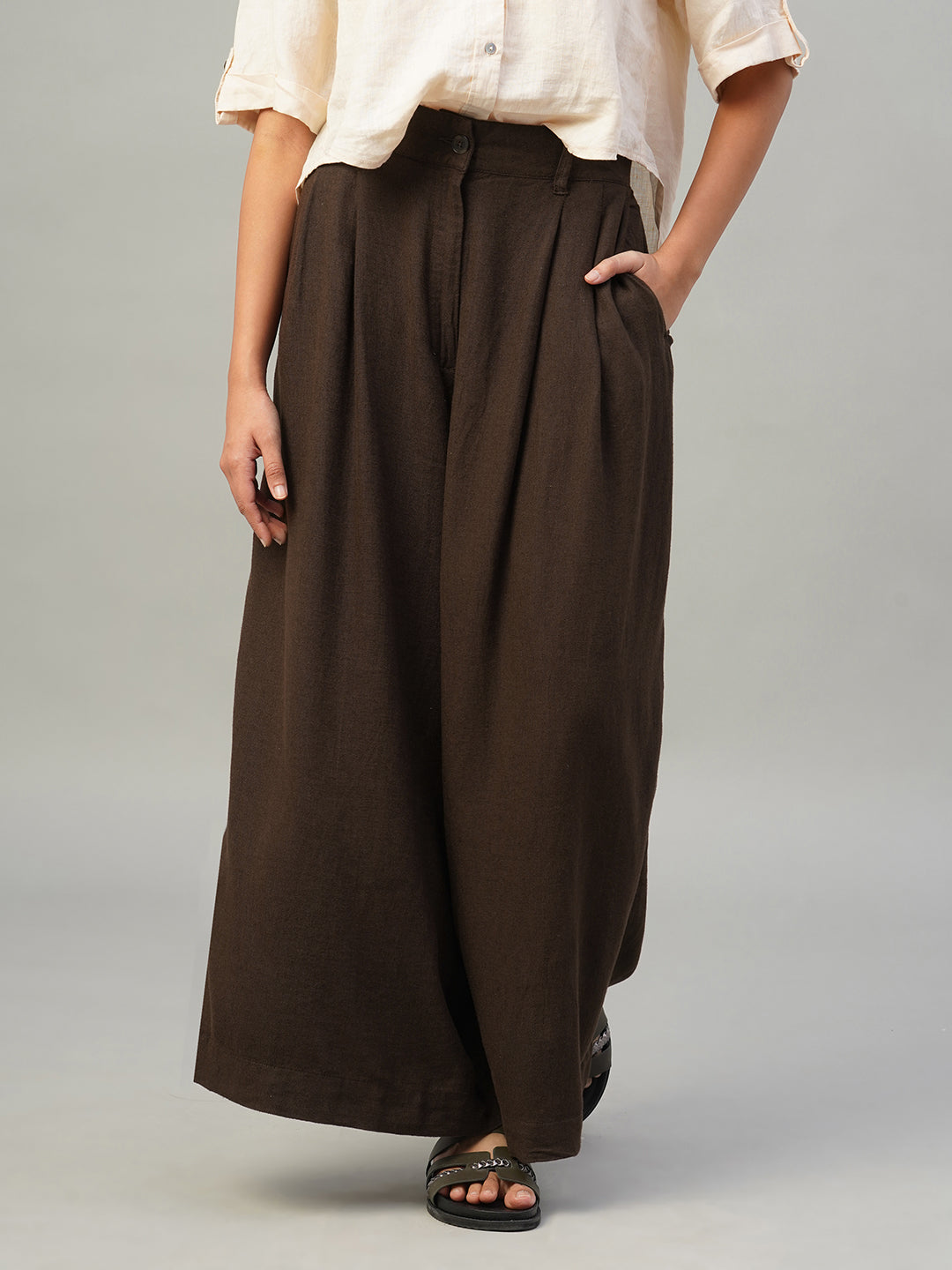 Women's Brown Linen Viscose Wide Leg Pant