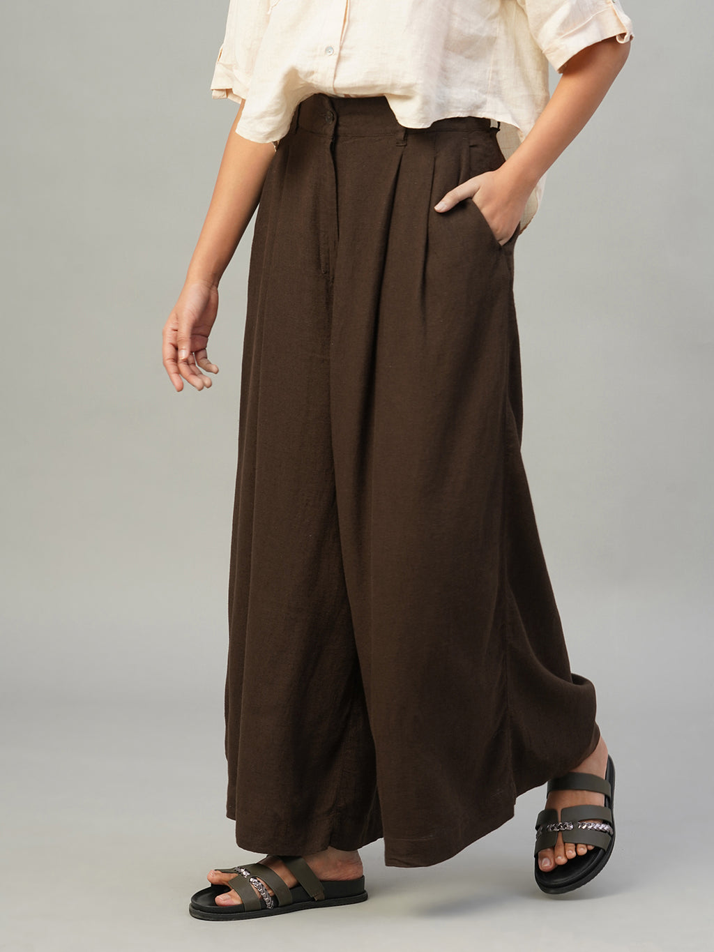 Women's Brown Linen Viscose Regular Fit Pant