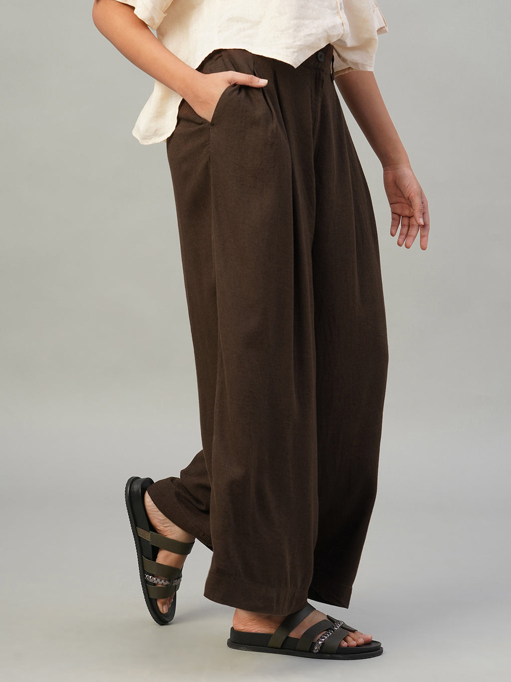 Women's Brown Linen Viscose Regular Fit Pant