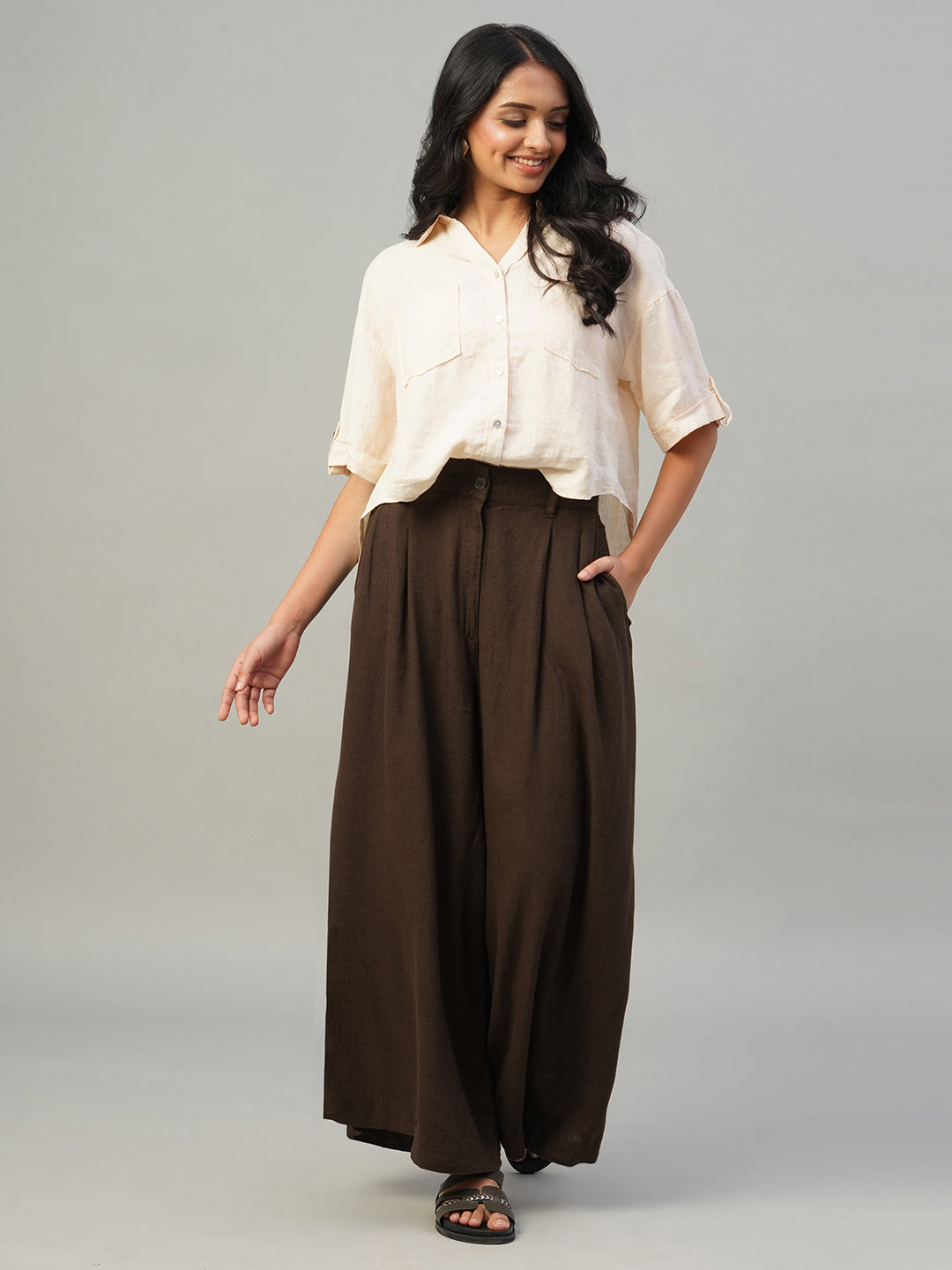 Women's Brown Linen Viscose Wide Leg Pant