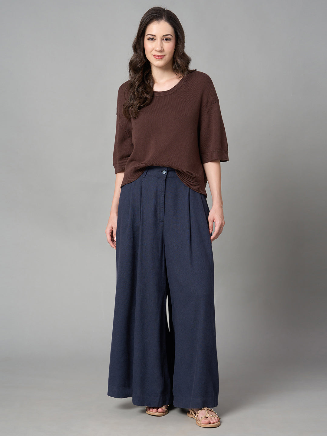 Women's Grey Linen Viscose Wide Leg Pant