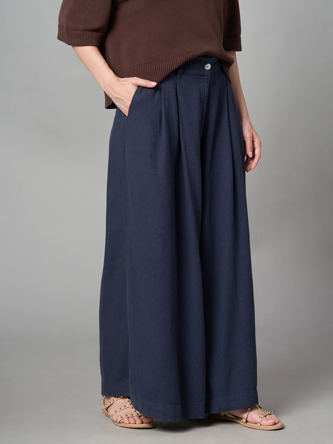 Women's Grey Linen Viscose Regular Fit Pant