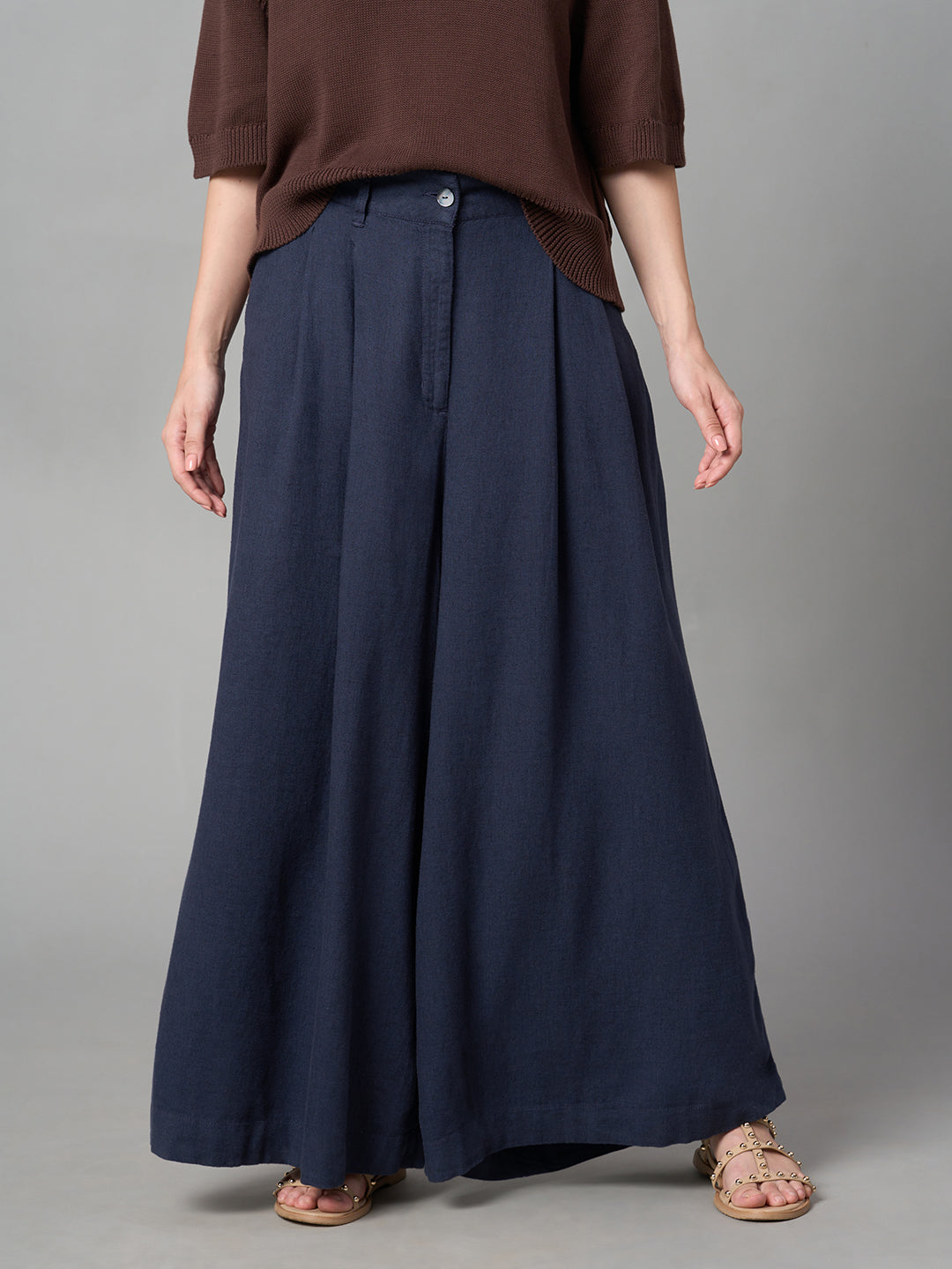 Women's Grey Linen Viscose Wide Leg Pant