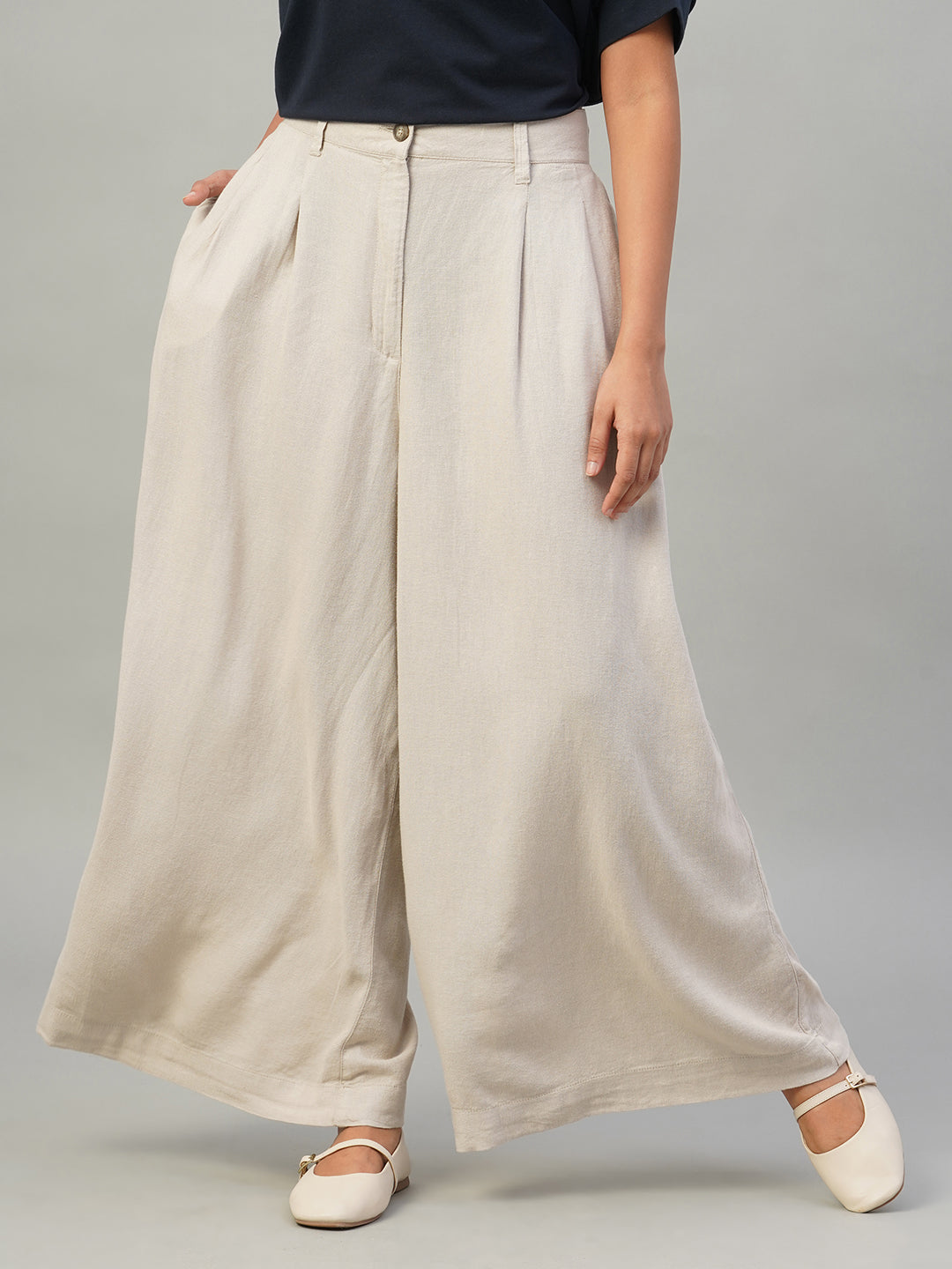 Women's Sand Linen Viscose Wide Leg Pant