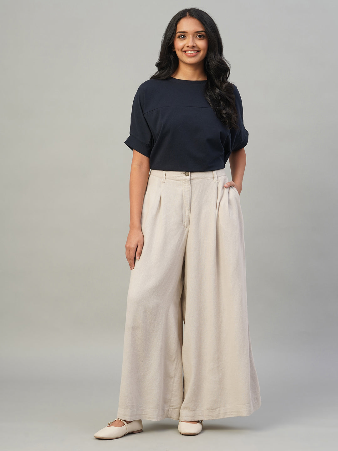 Women's Sand Linen Viscose Wide Leg Pant