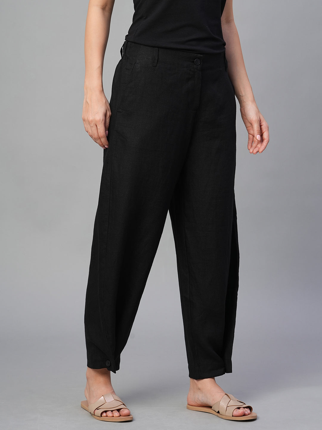 Women's Black 100% Linen Regular Fit Pant