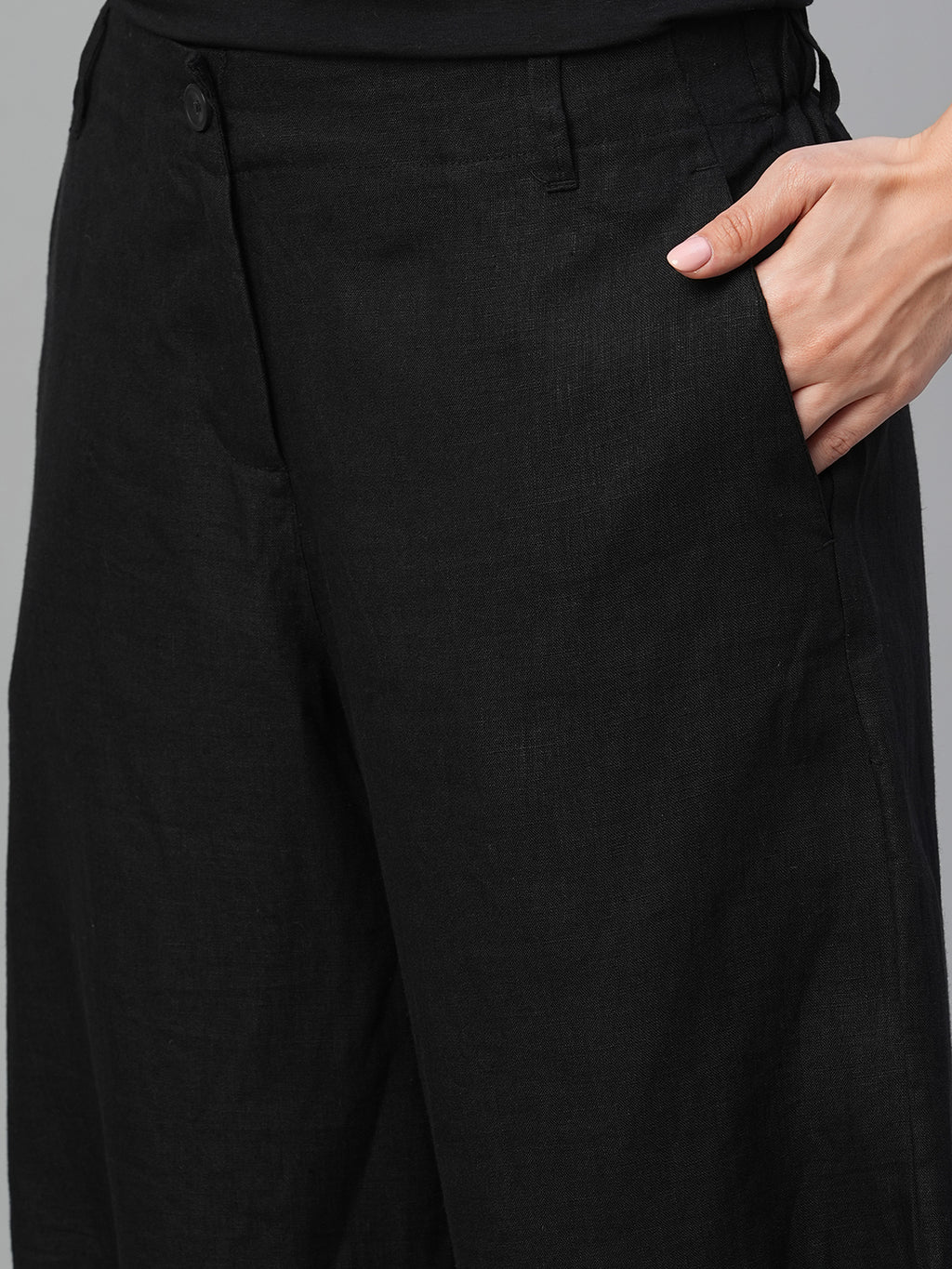 Women's Black 100% Linen Regular Fit Pant